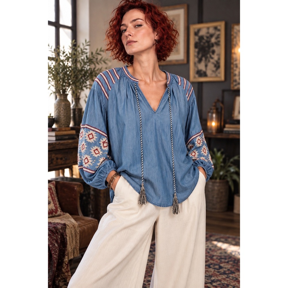 Given Kale Lyocell Chambray Embroidered Southwestern Tassel Tunic Small